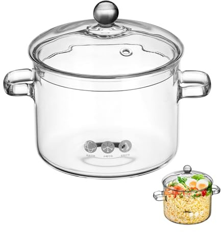 JECOMPRIS Olla de Vidrio de Borosilicato para Cocina Doméstica Resistente al Calor con Tapa y Doble Asa Capacidad para Sopas y Fideos