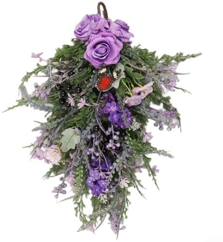 Lila konstgjord ros och hyacint vägghängning, silkesblomsterarrangemang för rustikt hem, kontor eller trädgårdsdekor, 50 x 35 cm