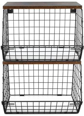 HUOLE Corbeille Rangement Métal avec 2 Crochets, Panier de Fruits et Légumes Mural Empilable, Bac à Fruits Etagère Range Légumes Cuisine,30*20*21cm-(2 pièces) Noir