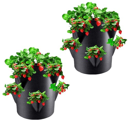 objbhuely 2PCS Strawberry Planter Outdoor, 7 Gallon Strawberry Grow Bag, Gardening Pots with 6 Side Grow Pockets, Non-Woven Breathable Garden Planting Pots for Vegetables, Flowers, Fruits, for Garden