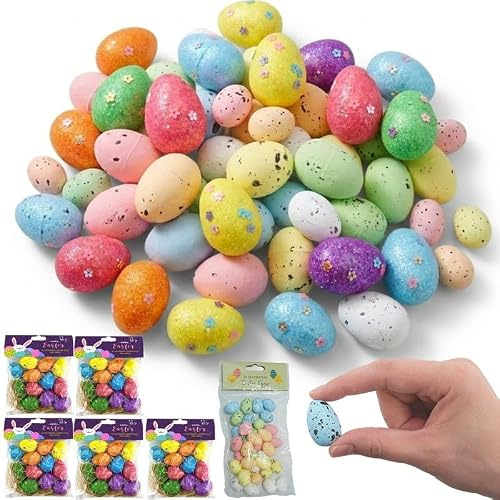 SRV Hub 96PCs Easter Speckled Eggs with Glitter Eggs and Grass, Colorful Decorative Eggs for Basket Filler, Multicolour Glitter Foam Easter Eggs for Table Decoration