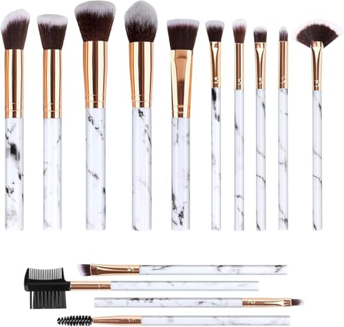 Kit de pinceaux maquillage 14 pièces, ensemble avec manches effet marbre, accessoires pour teint, yeux et lèvres, application précise et confortable