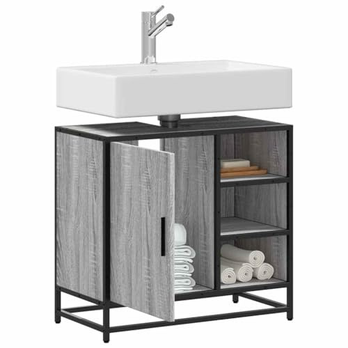 Générique Armadio lavabo Bagno Grigio Sonoma 65 x 33 x 60 cm, mobile lavabo con telaio in metallo industriale, ripiano e foro per lavello, legno di ingegneria resistente all'umidità