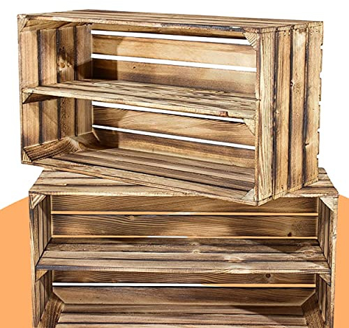 Vinterior 2 große geflammte Holzkisten mit Mittelbrett für Schuh und Bücher - flambierte Obstkiste mit Ablage - Schuhregal Bücherregal Obstkistenregal Regal Regalkiste 68x40x30cm