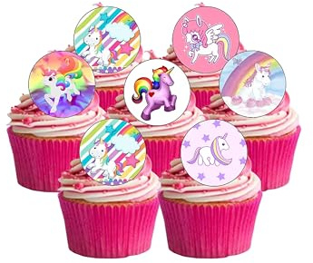24 Precut Cute Unicorn Rainbow Edible Wafer Paper Cake Toppers Decorations