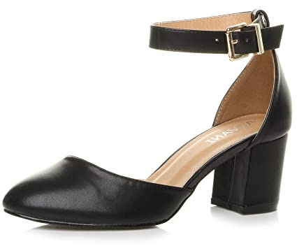AJVANI Womens Ladies Low mid Block Heel Ankle Strap Mary Jane Court Shoes Sandals Size