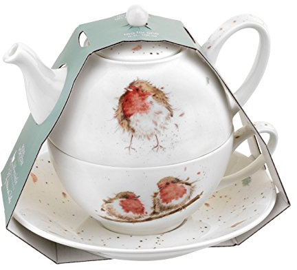Royal Worcester x Wrendale Designs Tea for One Set - Fine Bone China Teapot with Matching Cup and Saucer, Featuring Charming Robin Illustration by Artist Hannah Dale, 16.5 x 15cm