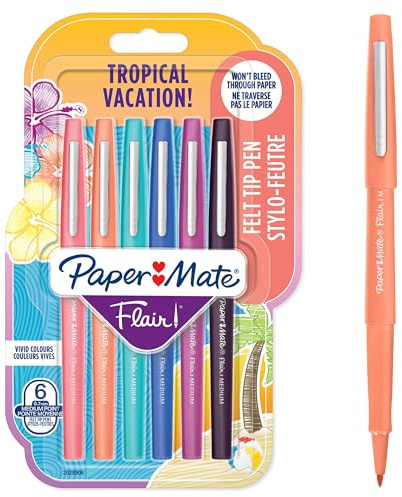 Paper Mate Flair Felt Tip Pens | Medium Point (0.7 mm) Marker Pens | Assorted Tropical Vacation Colouring Pens | For Kids & Adult Colouring, Journalling & More | 6 Count