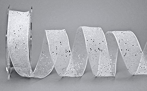 Dekoband GLITZER WEISS SILBER 20 m x 25 mm (Rolle) Stoffband Transparent glänzend Organza mit Drahtkanten elegant Weihnachten Advent Geburtstag Premium glitter ribbon