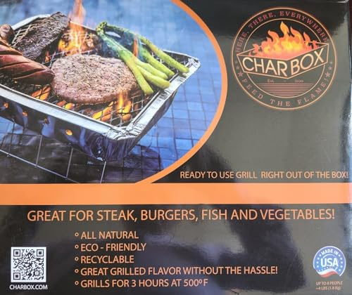 Charbox bärbar/engångsgrill kolgrill/varar 3 timmar/hög temperatur/tillverkad i USA/lätt att använda/ekovänlig/återvinningsbar grill – perfekt för camping, baklucka och bakgårdsfester!
