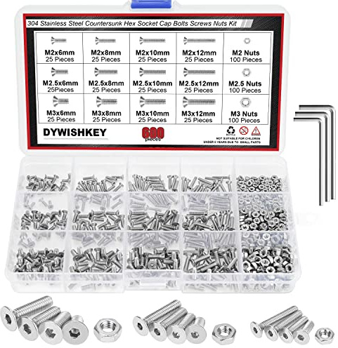 DYWISHKEY 600 PCS Metric M2 M2.5 M3, 304 Stainless Steel Flat Head Countersunk Socket Cap Bolts Screws Nuts Assortment Kit with Hex Wrenches