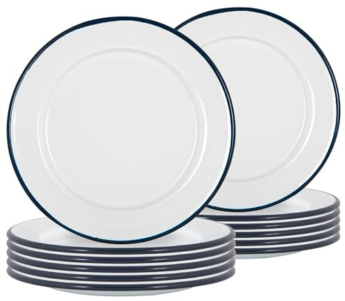 Argon Tableware Plaques de latérale en émail Blanc - Plats de Camping en Plein air en métal - 20cm - Marine - Pack de 12