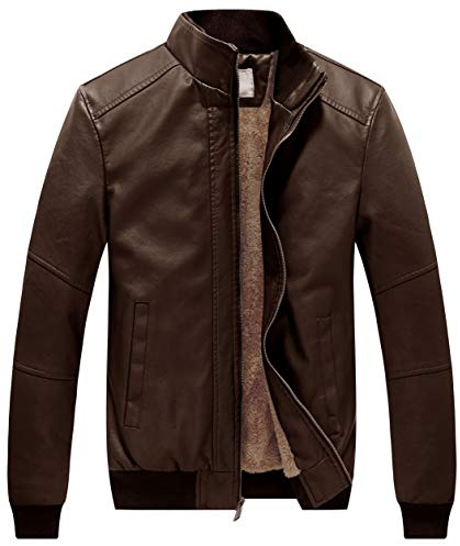 WenVen Men's Winter Casual Faux Leather Motorcycle Racer Jacket Wine Brown M
