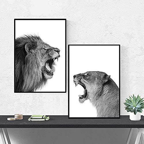 XIANGPEIFBH Löwe und Löwin Leinwand Wandkunst Bilder Poster Schwarz Weiß Wald Tier Kunstdruck Malerei Kinderzimmer für Wohnzimmer 20x30cm(8x12in) x2 Innenrahmen