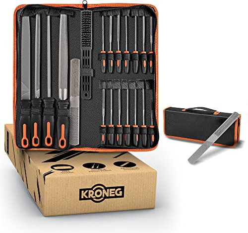 KRONEG Feilenset - [21-teiliges] Feilen Set - Hochwertige Stahl Metallfeilen für Holz, Metall & Kunststoff - Feilensatz mit Kreuzhieb - Schlüsselfeilen - Inkl. Tragetasche, Drahtbürste & 4-in-1 Feile