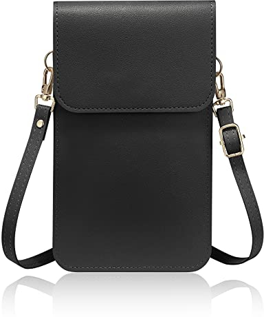 Damen Handy Umhängetasche Touchscreen Crossbody Handytasche Handy Schultertasche mit Kartenfächer und Verstellbarem Schultergurt für Handy unter 7 Zoll (Schwarz)