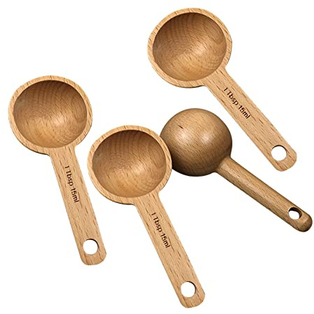 KVMORZE 4 Stück Holz-Kaffeelöffel, 1 Esslöffel, Holz-Messlöffel für Kaffeebohnen, gemahlenen Kaffee, Proteinpulver, Gewürze, Tee und Badesalzschaufel, Suppen-Kochen-Rührer, Küchenutensilien