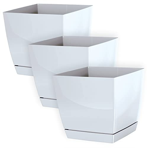 IMJ-Global Set di 3 Vasi per Fiori Piante Quadrati Coubi Square In Plastica 24x24x22cm Da Interno Esterno Bianchi Volume 8,2 Litri Design Moderni
