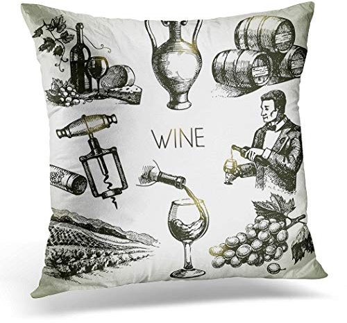 Funda de cojín de 45 x 45 cm, color rojo, vintage, boceto, vino, bebida, corcho, retro, sacacorchos, cristal, decoración del hogar, funda de almohada cuadrada para cama, sofá