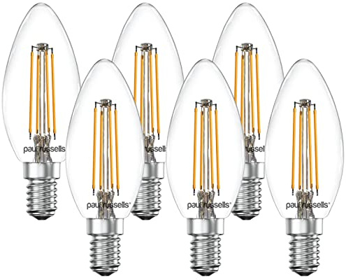 paul russells LED Filament Candle – Dimmable Small Edison Screw E14 Light Bulbs, 4.5Watt 470Lumens C35 LED Bulbs, 40w Equivalent, 2700K Warm White Dimmer SES Energy Saving Chandelier Lamps, 6 Pack