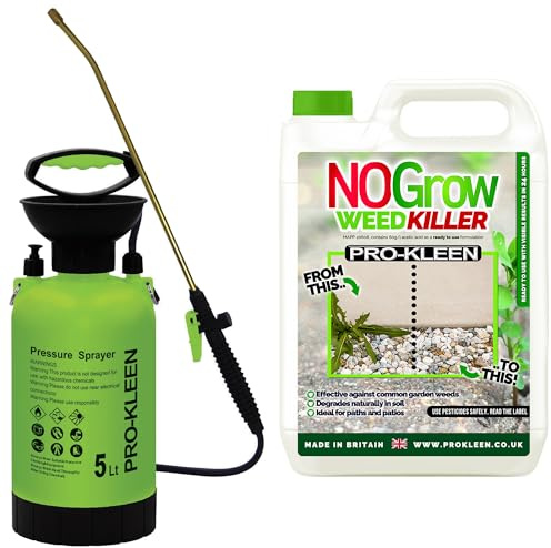 Pro-Kleen NOGrow Weed & Moss Killer 5L - Double Strength, Glyphosate Free, Kills Moss, For Annual and Perennial Weeds, Eco-Friendly, Organic, Children and Pet Safe Once Dry with 5L Garden Pump Sprayer