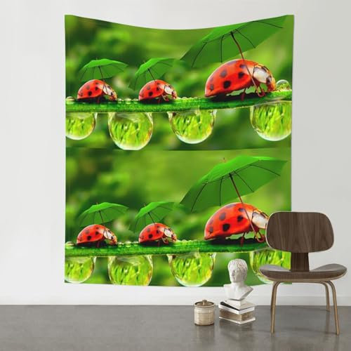 VANANI Lustiger Marienkäfer mit Regenschirmen, Wandbehang, einfache Installation, Dekoration für Wohnzimmer und Schlafzimmer, 130 x 152 cm