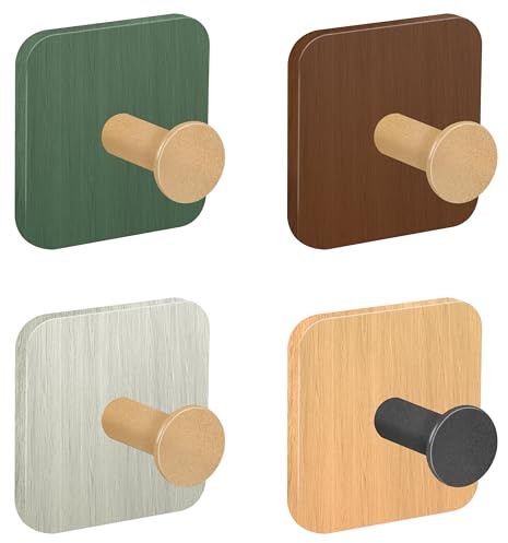 Jeesblsy Handtuchhaken Holz Selbstklebend Haken, Edelstahl & Bambus Wandhaken Kleiderhaken Ohne Bohren, Rostfrei Klebehaken Handtuchhalter für Badezimmer, Wohnzimmer, Küche, Toilette, Büro (4 Stück)