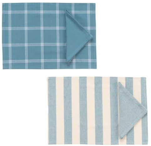 ROCKING GIFTS Set de x2 Mantel Mesa Individual de Algodón con Servilleta a Juego, Salvamantel, 2 Modelos Incluídos, Rayas y Cuadros en Azul y Blanco, 48 cm