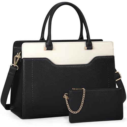 RAINSMORE Shopper Damen Groß Laptop Handtasche Damen 15.6 Zol PU Leder Arbeitstasche Lehrertasche Wasserdicht Laptoptasche mit Geldbörse für Business Büro Schule Schwarz+Weiß
