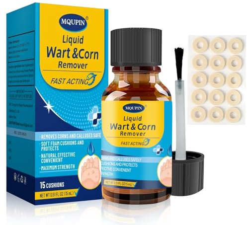 MQUPIN vätska för majsborttagare, majsborttagare för fötter extra styrka, snabbverkande fotmajsborttagare, smärtlindring för fotmajs, 15 ml vätska med 15 st kuddar, 10 st kompresser