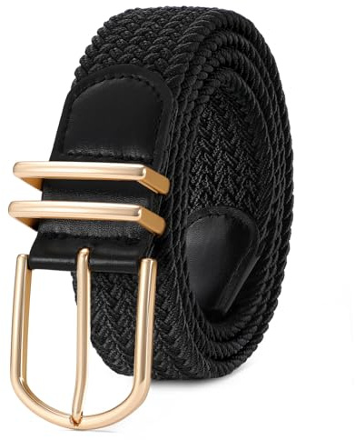 VONMELLI Damen Gürtel Stretchgürtel Damen Herren Elastischer Stoffgürtel Geflochtener Verstellbarer Flechtgürtel mit Goldschnalle für Jeans Hosen Shorts Kleid Schwarz M