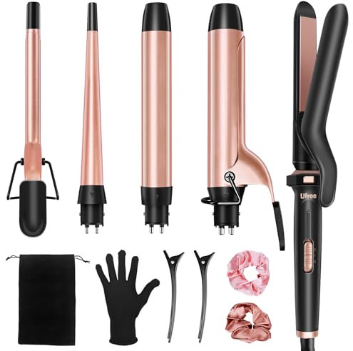 Ufree 5 in 1 Curling Iron with Interchangeable Ceramic Barrels (0.35-1.25), Curling Wand Set with Flat Iron Hair Straightener, Instant Heat Up, Dual Voltage Hair Curler, Gifts for Women