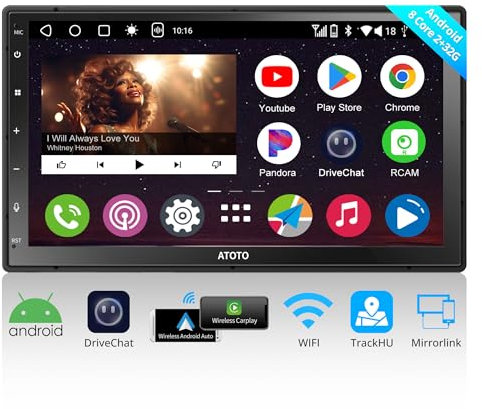 ATOTOEXCEL A6PF 7 inch Android Double DIN Car Stereo, Wireless CarPlay&Android Auto, 8 Core QLED Touchscreen DAB+ Radio 2G+32G, WiFi/BT/USB Tethering, 32-band EQ/DSP, Dual BT, AI Drivechat, LRV/GPS