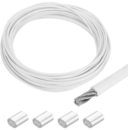 sourcing map 66Ft(20M) Wire Rope 304 Stainless Steel Cable 5/32 (4.0 mm) Vinyl Coated with 4pcs Aluminum Sleeves for Hanging, Clotheslines, Lifting White