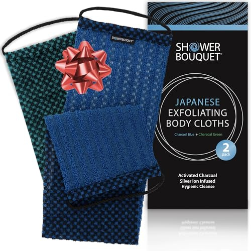 Japanese Exfoliating Washcloth for Back & Body 2-Pack - Charcoal & Silver Ion Exfoliating Towel with Handles - Two-Sided Gentle Exfoliation & Deep Cleanse Body Wash Cloths for Shower - 1 Blue, 1 Green