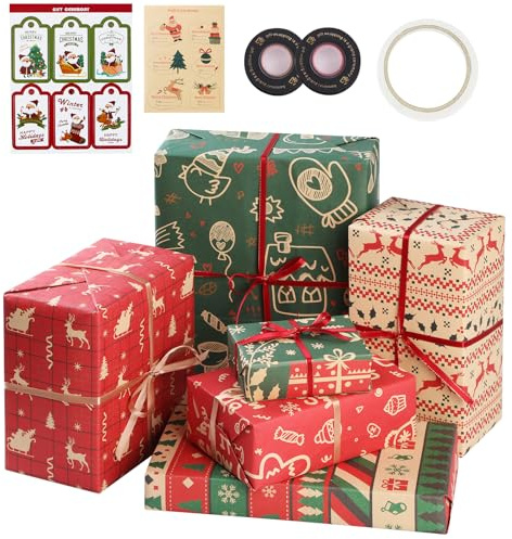 Bigqin 11pcs Carta per Incartare Regalo natalizio Set,Carta da imballaggio in carta kraft Tema natalizio 6PCS 70x50cm Carta da Pacchi e Etichette