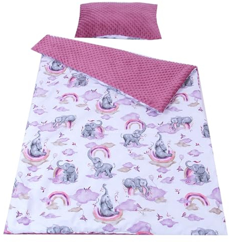 Babylux Kuscheldecke 100 x 150 cm Decke Babydecke Kinderdecke Bettdecke Groß Kissen Minky XXL (125. Elefanten Rosa mit Kissen)