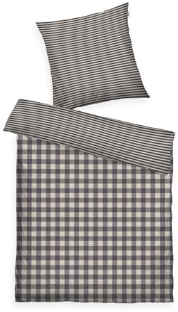 Herding Tom Tailor Linge de lit en Flanelle, 65x100 cm + 160x210 cm, 100% Coton/Flanelle, avec Motif réversible et Fermeture éclair colorée, Classic Check Grey, Beige (Anthracite & Sunny Sand)