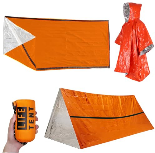 WIYETY Reusable Emergency Bivvy Bag, Emergency Tent with Transport Bag & Signal Whistle & Emergency Rain Poncho, Rescue Tent for Camping, First Aid, Waterproof & Ultralight & Cold Protection - Orange