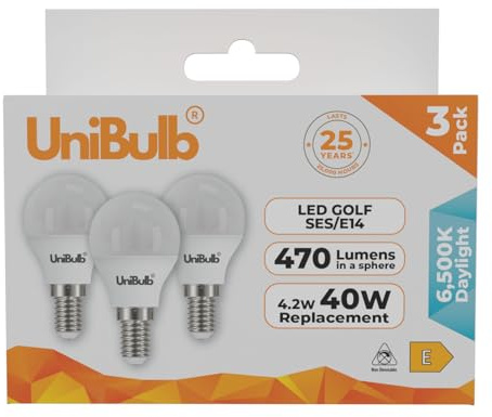 Unibulb E14 Energy Saving LED Light Bulb, Small Edison Screw (SES), 4.2W, 470lm, 40W Equivalent, Daylight 6500K, Golf Ball Bulb, P45, 220-240V, Non-Dimmable, 25,000hr lifespan, Pack of 3