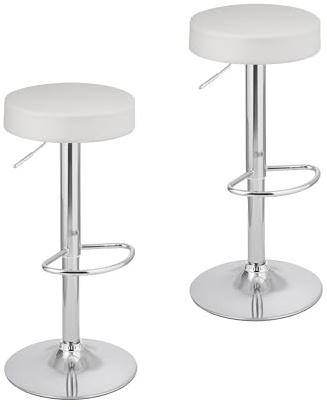 Baroni Home 2 Taburetes de Bar Giratorio con Altura Ajustable, Base Cromada con Reposapiés y Fondo Antiarañazos, Taburete de Cocina y Península, Fácil de Montar, 35x45x59-79 cm, Blanco 2 Piezas