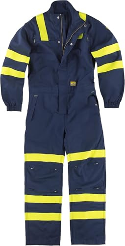 WORKTEAM C5096 Buzo o Mono Ignífugo, Antiestático con protección para Soldadura y Arco Eléctrico, Visibilidad Realzada, Cintas Fluorescentes Amarillas y Triple Costura. Unisex Azul M