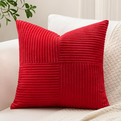 Sungeek 1 Stück Cord Kissenbezug, Kreuz Streifen Muster Kordsamt Kissenbezüge Sofakissen Dekokissen Patchwork Design Deko Zierkissenbezüge Kissenhülle für Wohnzimmer (50x50cm, Rot)