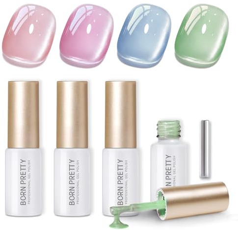 Born Pretty UV Nagellack Jelly Pastell Rosa Blau Grün - Cat Magnetic Eye Gel Glas Kristall Gel Nagellack Maniküre und Nagelkunst DIY zu Hause 4PCS