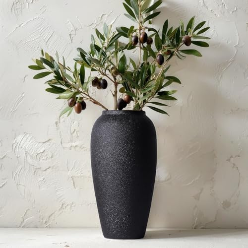 13.8 Inch Tall Matte Black Ceramic Vase, Modern Rustic Decorative Vase for Flowers, Pampas Grass or Greenery, Large Tabletop Accent for Entryway, Living Room, Mantel