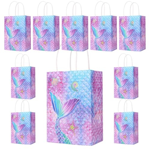 10 stycken sjöjungfrupresentpåsar – färgglada papperspåsar med handtag för barnfödelsedag, flickpartyväskor, gästgåvor, påsar för presenter och dekoration