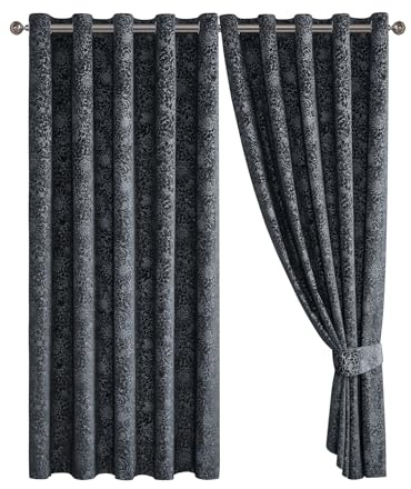 Floral Jacquard Velvet Curtain Pair - Heavyweight and Noise Reducing - Room Darkening Eyelet - Fully Lined for Thermal Insulation - Includes Two Tiebacks (Charcoal, 66 x 54 (168 x 137 cm))