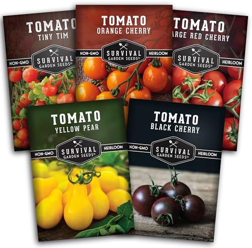 Cherry Tomato Seeds for Planting – 5 Variety Pack with Tiny Tim, Black Cherry, Yellow Pear, Large Red & Orange | Heirloom Non-GMO Patio & Container Tomatoes – Survival Garden Seeds