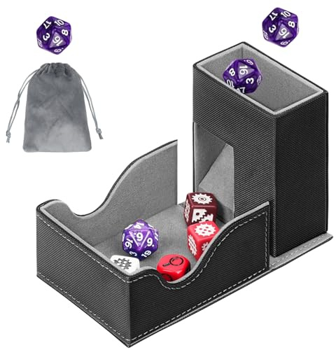 Jaffzora 3-in-1 Faltbarer Würfelturm & magnetische Würfelaufbewahrungsbox, Premium Leder Würfelorganisator mit U-Nut für D&D, MTG, RPG und Tabletop-Spiele, Schwarz und Grau