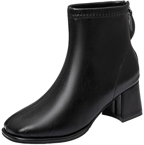 Generisch Botines de mujer con tacón de bloque con cremallera Botines de mujer con tacón de cuero para mujer tacón grueso punta cuadrada mujer tacón medio moda botas cortas, Negro , 37 EU